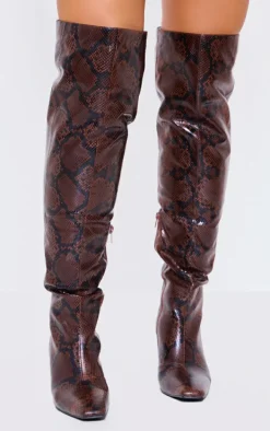Snake PU Point Toe Over The Knee Heeled Boots