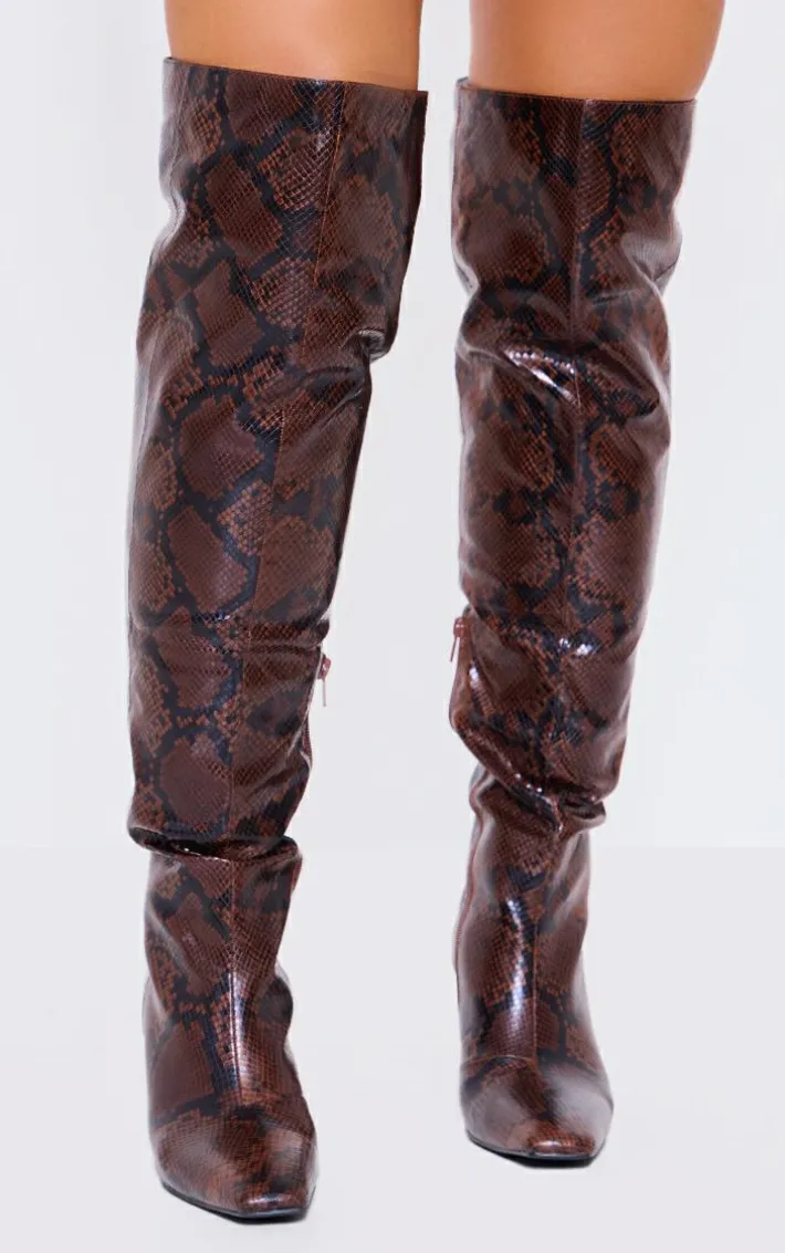 Snake PU Point Toe Over The Knee Heeled Boots