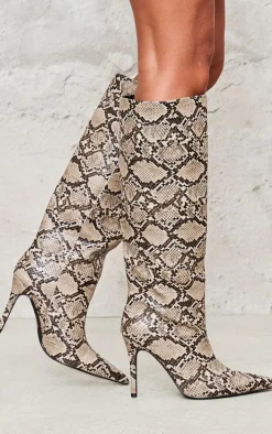 Snake PU Point Toe Stiletto Knee High Heeled Boots