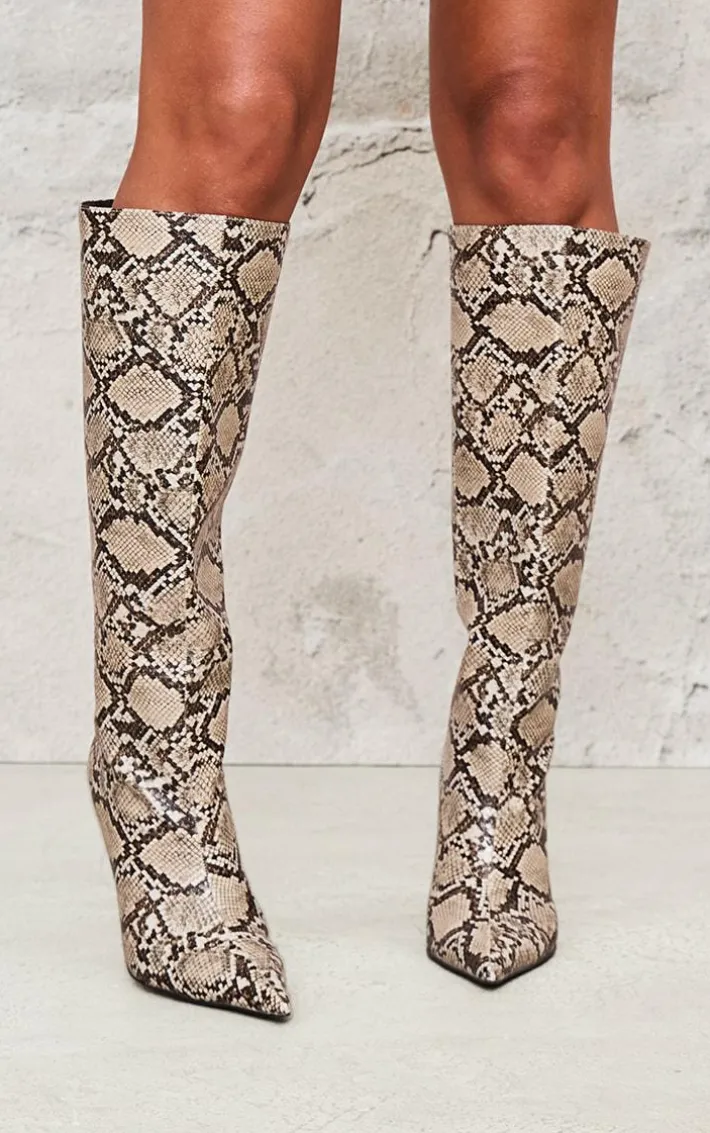 Snake PU Point Toe Stiletto Knee High Heeled Boots