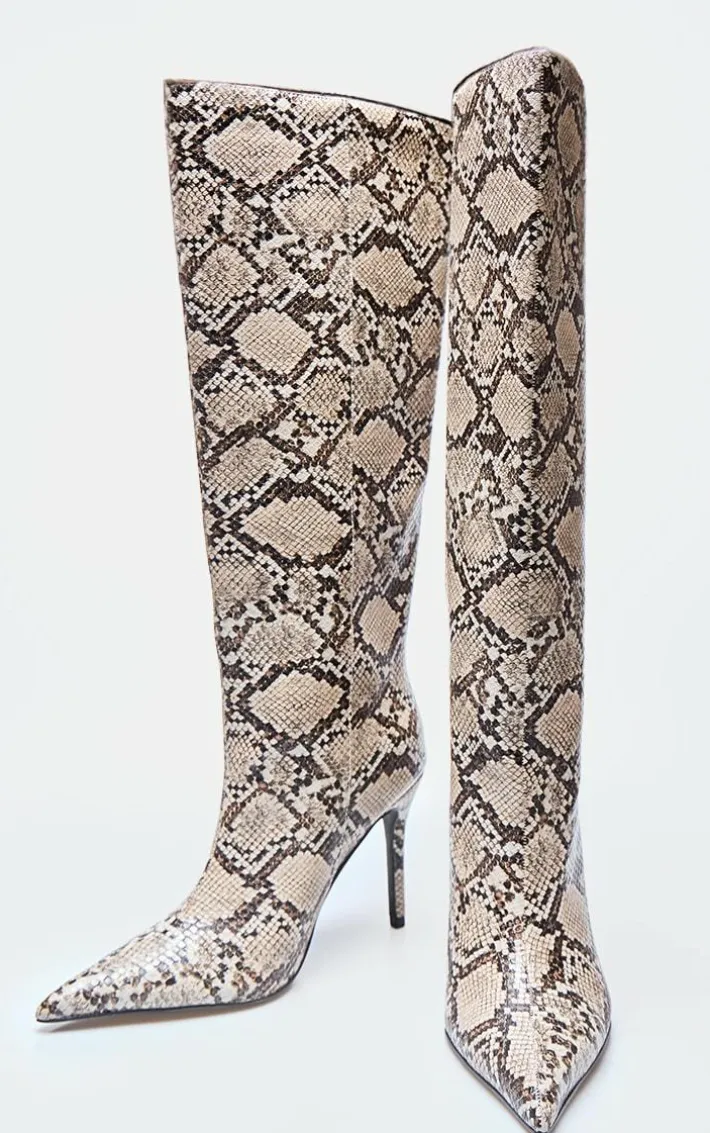 Snake PU Point Toe Stiletto Knee High Heeled Boots