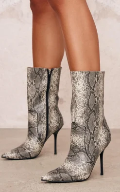 Snake PU Point Toe Stitch Detail High Stiletto Heeled Boots