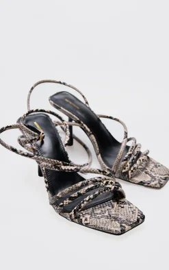 Snake PU Square Toe Asymmetric Tube Strap Heeled Sandal