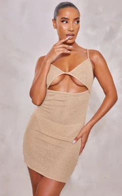 Soft Brown Knitted Texture Cut Out Strappy Bodycon Dress