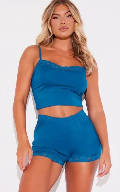 Steel Blue Jersey Lace Trim Short PJ Set