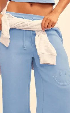 Steel Blue Smile Embossed Wide Leg Sweatpants