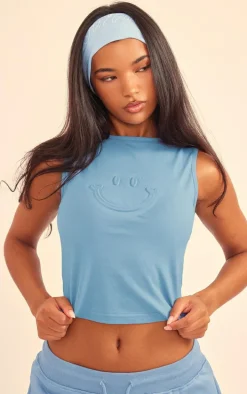 Steel Blue Smile Embossed Racer Longline Top