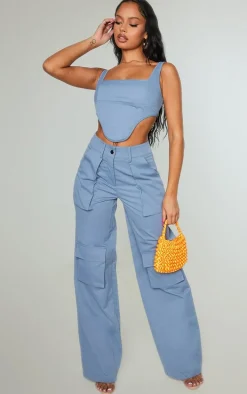 Steel Blue Twill Dip Hem Structured Cargo Corset