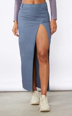 Steel Blue Twill Split Thigh Midaxi Skirt