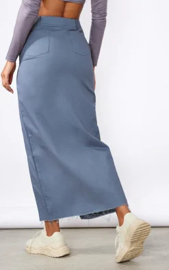 Steel Blue Twill Split Thigh Midaxi Skirt