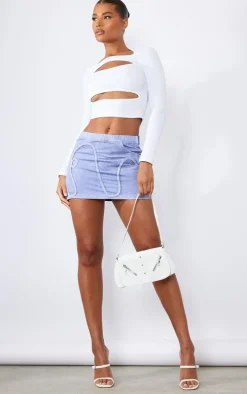 Steel Blue Washed Twill Piping Detail Mini Skirt