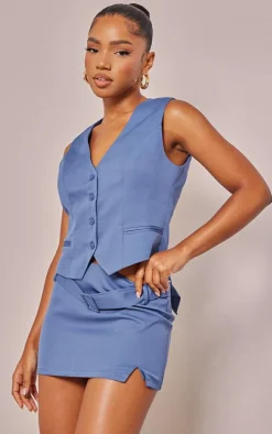 Steel Blue Woven Tailored Belted Micro Mini Skirt