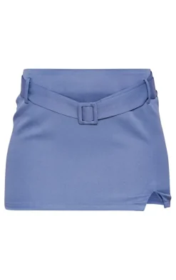 Steel Blue Woven Tailored Belted Micro Mini Skirt