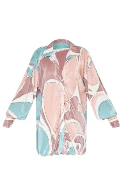 Stone Abstract Print Plisse Frill Hem Shirt Dress