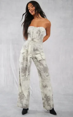 Stone Acid Wash Bandeau D Ring Belt Jumpsuit
