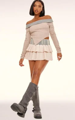 Stone Acid Wash Denim Pleated Mini Skirt