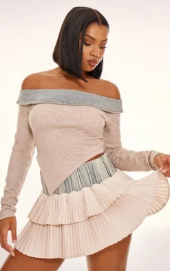 Stone Acid Wash Denim Pleated Mini Skirt