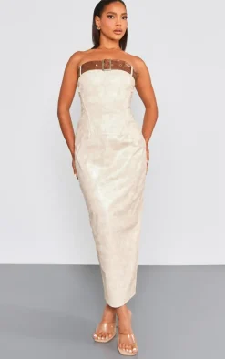 Stone Acid Wash PU Belt Detail Bandeau Midaxi Dress