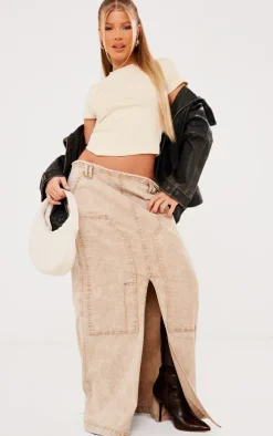 Stone Acid Wash Twill Raw Hem Maxi Skirt