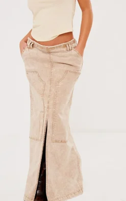 Stone Acid Wash Twill Raw Hem Maxi Skirt