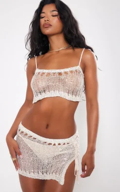Stone Asymmetric Crochet Sequin Knit Crop Top