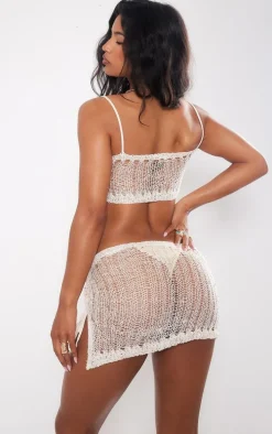 Stone Asymmetric Crochet Sequin Knit Crop Top