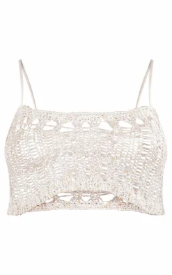 Stone Asymmetric Crochet Sequin Knit Crop Top