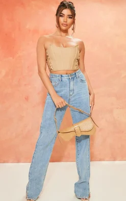 Stone Bandage Lace Up Detail Boned Dip Hem Corset