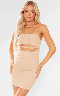Stone Bandeau Cut Out Front Crinkle Rib Bodycon Dress