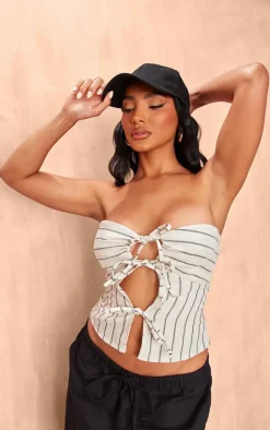 Stone Bandeau Tie Front Striped Linen Crop