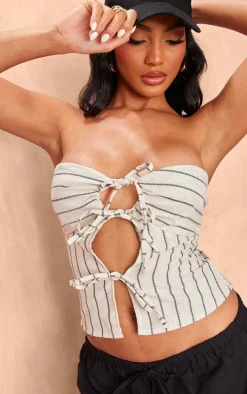 Stone Bandeau Tie Front Striped Linen Crop