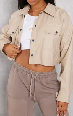 Stone Basic Patch Pocket Front Cropped Faux Leather Jacket