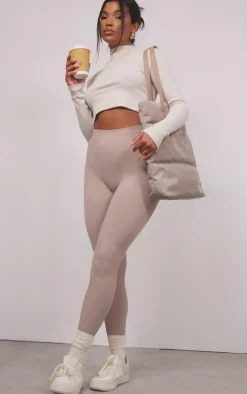 Stone Basic Soft Ribbed High Neck Long Sleeve Crop Top