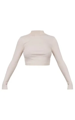Stone Basic Soft Ribbed High Neck Long Sleeve Crop Top