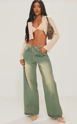 Stone Basic Woven Seam Detail Cropped Blazer