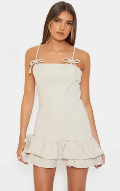 Stone Bow Detail Puffball Denim Mini Dress