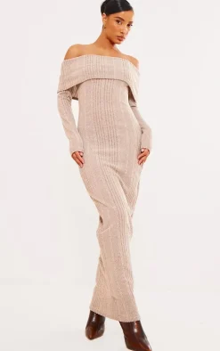 Stone Brushed Rib Oversized Bardot Maxi Dress