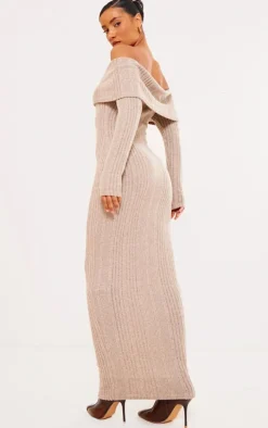 Stone Brushed Rib Oversized Bardot Maxi Dress