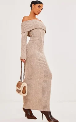 Stone Brushed Rib Oversized Bardot Maxi Dress