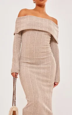 Stone Brushed Rib Oversized Bardot Maxi Dress
