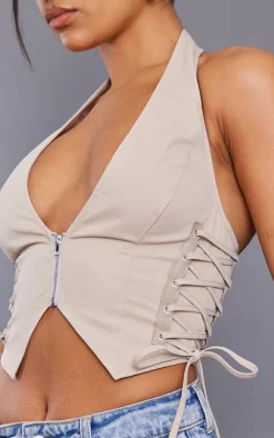 Stone Cargo Lace Up Side Zip Up Crop Top