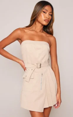 Stone Cargo Pleated Wrap Belted Bodycon Dress