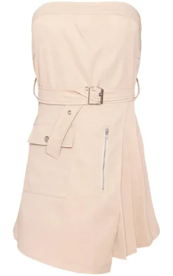 Stone Cargo Pleated Wrap Belted Bodycon Dress