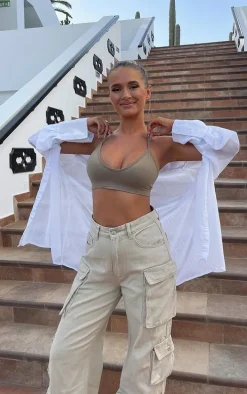 Stone Cargo Pocket Detail Wide Leg Jeans