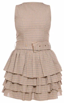 Stone Check Belted Frill Hem Shift Dress