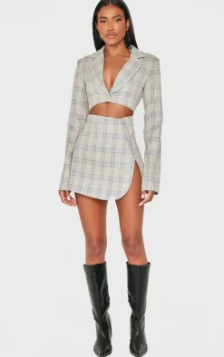 Stone Check Cut Out Long Sleeved Blazer Dress