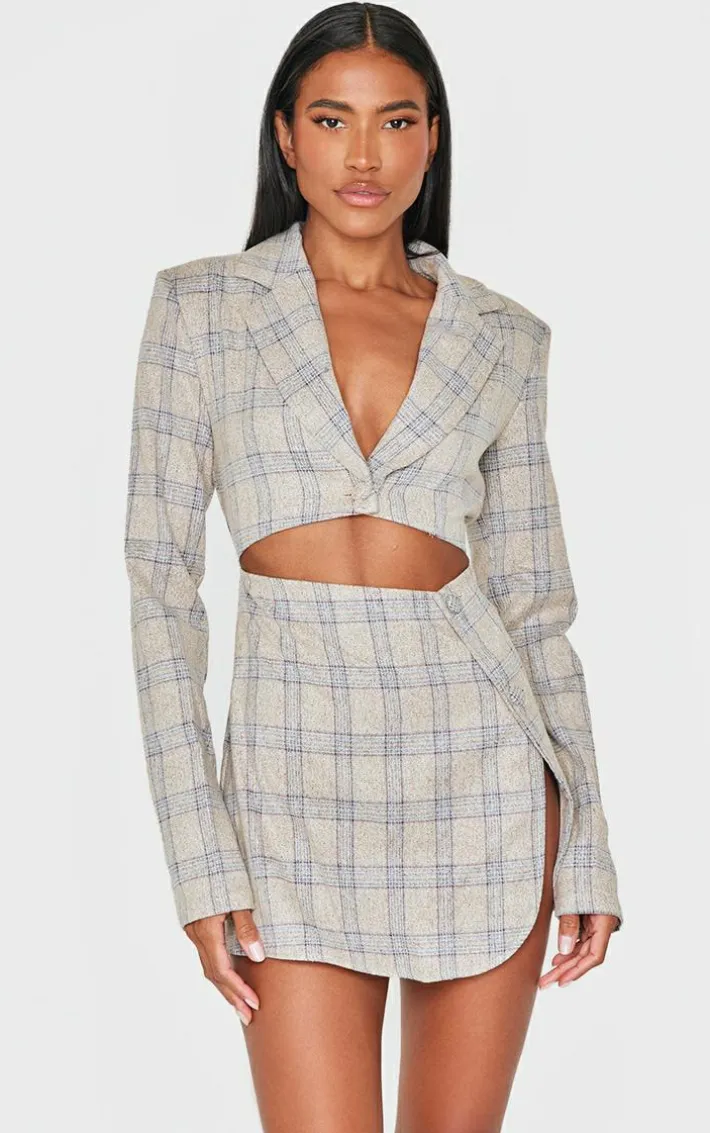 Stone Check Cut Out Long Sleeved Blazer Dress