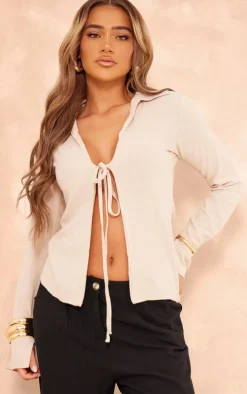 Stone Cheesecloth Tie Front Long Sleeve Shirt