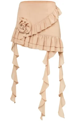 Stone Chiffon Rose Trim Ruffle Hem Mini Skirt