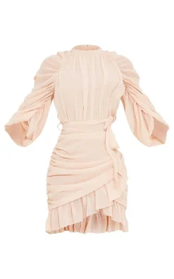 Stone Chiffon Ruched Sleeves Frill Hem Bodycon Dress